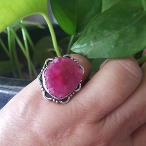 Pink Solar Quartz Druzy  Ring Marked .925